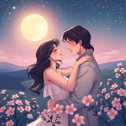 A beautiful romantic scene depicting a couple in a warm embrace under a starlit sky, surrounded by blooming flowers, with soft pastel colors creating a dreamy atmosphere