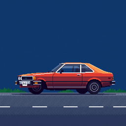 An extremely low-detailed pixel-art image in an 8x8 pixel format of a classic Japanese car from the 1970s, parked in profile on a simplistic road