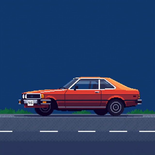 An extremely low-detailed pixel-art image in an 8x8 pixel format of a classic Japanese car from the 1970s, parked in profile on a simplistic road