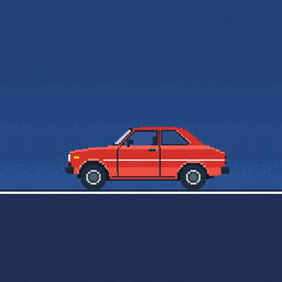 An extremely low-detailed pixel-art image in an 8x8 pixel format of a classic Japanese car from the 1970s, parked in profile on a simplistic road