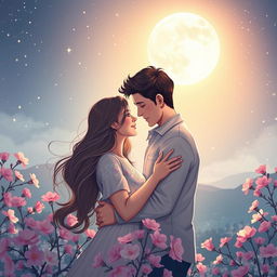 A beautiful romantic scene depicting a couple in a warm embrace under a starlit sky, surrounded by blooming flowers, with soft pastel colors creating a dreamy atmosphere