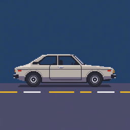 An extremely low-detailed pixel-art image in an 8x8 pixel format of a classic Japanese car from the 1970s, parked in profile on a simplistic road