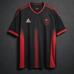 A black soccer jersey with a single intense red diagonal stripe, designed to resemble a claw mark