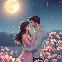 A beautiful romantic scene depicting a couple in a warm embrace under a starlit sky, surrounded by blooming flowers, with soft pastel colors creating a dreamy atmosphere