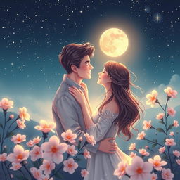 A beautiful romantic scene depicting a couple in a warm embrace under a starlit sky, surrounded by blooming flowers, with soft pastel colors creating a dreamy atmosphere