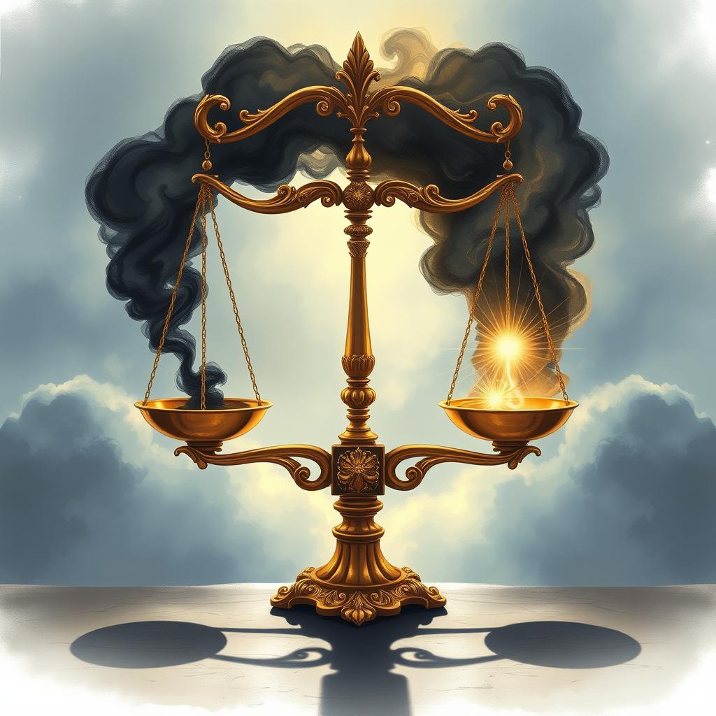 A detailed illustration depicting a balance scale in the center