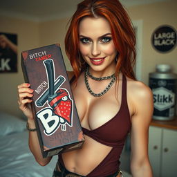 Close-up portrait shot of a gorgeous female redhead with a large chest and noticeable cleavage, dressed in a tank top adorned with punk chains