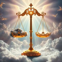 A symbolic representation of the scale of God, depicted as a magnificent and ethereal balance scale situated in a celestial environment