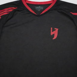 A black soccer jersey with a single intense red diagonal stripe, designed to resemble a claw mark