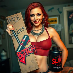 A close-up shot of a beautiful redhead woman with a stunning large chest wearing a tank top adorned with punk chains