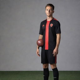 A black soccer jersey featuring bold red accents