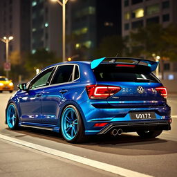 A stunning 2016 Volkswagen Polo in a midnight iridescent blue finish, featuring a wide body kit that enhances its sporty appearance