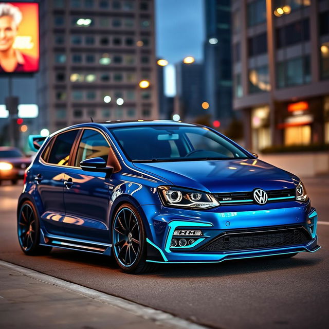 A stunning 2016 Volkswagen Polo in a midnight iridescent blue finish, featuring a wide body kit that enhances its sporty appearance