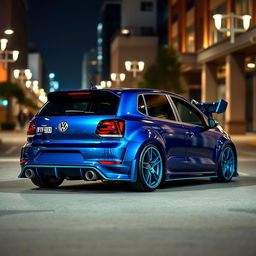 A stunning 2016 Volkswagen Polo in a midnight iridescent blue finish, featuring a wide body kit that enhances its sporty appearance