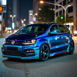 A stunning 2016 Volkswagen Polo in a midnight iridescent blue finish, featuring a wide body kit that enhances its sporty appearance