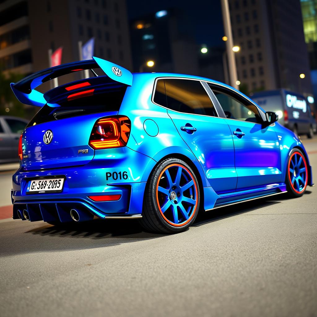 A striking 2016 Volkswagen Polo customized with a wide body kit in a mesmerizing midnight iridescent blue finish, accented with vibrant turquoise details