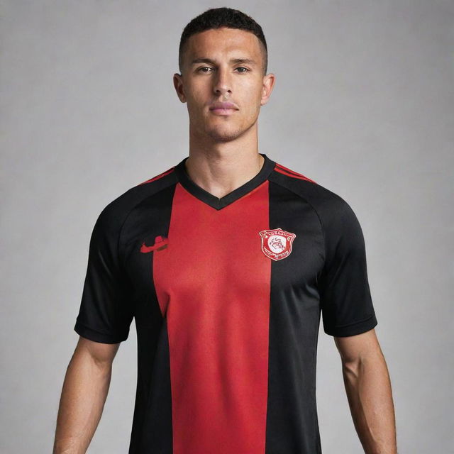 A black soccer jersey featuring bold red accents