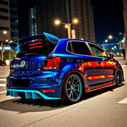 A striking 2016 Volkswagen Polo customized with a wide body kit in a mesmerizing midnight iridescent blue finish, accented with vibrant turquoise details