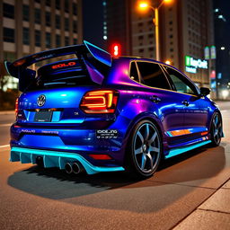 A striking 2016 Volkswagen Polo customized with a wide body kit in a mesmerizing midnight iridescent blue finish, accented with vibrant turquoise details