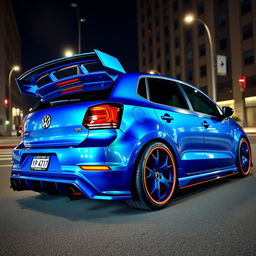 A striking 2016 Volkswagen Polo customized with a wide body kit in a mesmerizing midnight iridescent blue finish, accented with vibrant turquoise details