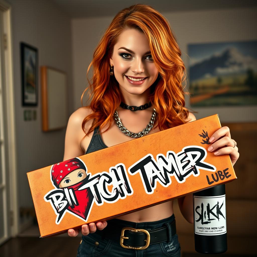 A close-up shot of a gorgeous female redhead with a large chest and visible cleavage, wearing a tank top adorned with punk chains