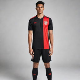 A black soccer jersey featuring bold red accents