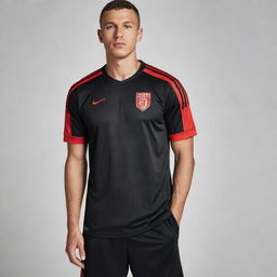 A black soccer jersey featuring bold red accents