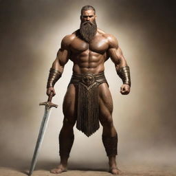 A full-length depiction of Gilgamesh from the Epic of Gilgamesh. He's extremely muscular and sports a thick beard, confidently holding a majestic sword. A palpable aura of history and age wraps around him.