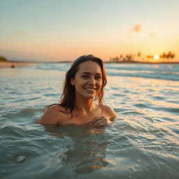 A serene beach scene with a naturalistic setting, featuring a woman enjoying a peaceful bath in the ocean