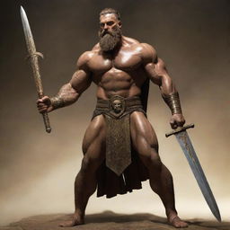 A full-length depiction of Gilgamesh from the Epic of Gilgamesh. He's extremely muscular and sports a thick beard, confidently holding a majestic sword. A palpable aura of history and age wraps around him.