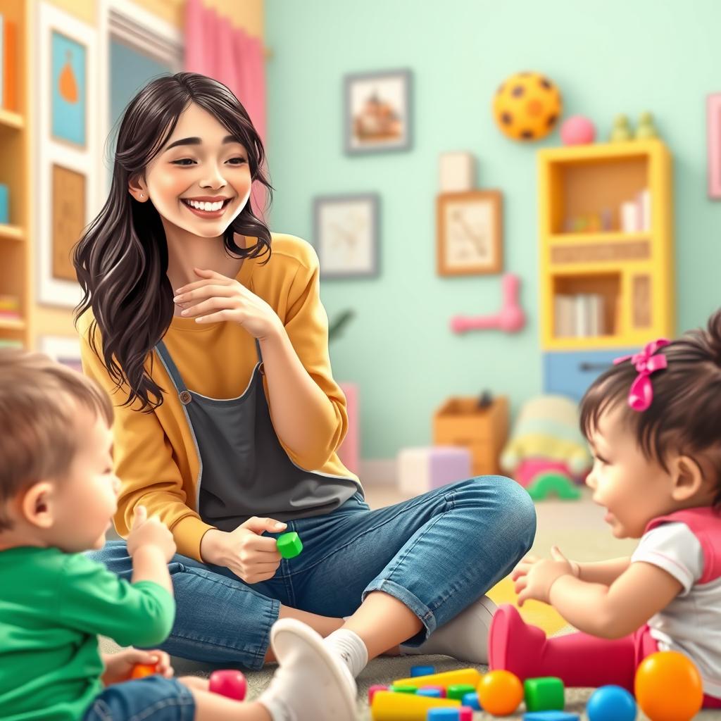 A whimsical scene depicting a young woman with a playful demeanor, dressed casually, engaging in fun activities with children in a vibrant and cheerful environment