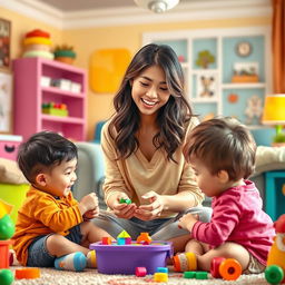 A whimsical scene depicting a young woman with a playful demeanor, dressed casually, engaging in fun activities with children in a vibrant and cheerful environment