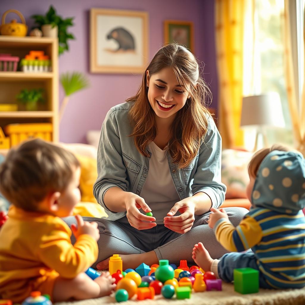 A whimsical scene depicting a young woman with a playful demeanor, dressed casually, engaging in fun activities with children in a vibrant and cheerful environment