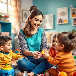 A whimsical scene depicting a young woman with a playful demeanor, dressed casually, engaging in fun activities with children in a vibrant and cheerful environment