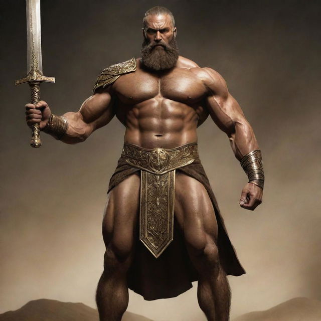 A full-length depiction of Gilgamesh from the Epic of Gilgamesh. He's extremely muscular and sports a thick beard, confidently holding a majestic sword. A palpable aura of history and age wraps around him.