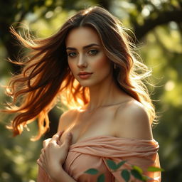 a beautiful elegant woman, depicting the essence of motherhood and femininity, with soft flowing hair and warm, gentle features, surrounded by nature, sunlight filtering through the trees, creating a serene and peaceful atmosphere, capturing the grace and strength of a nurturing figure