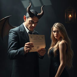 A hyper-realistic representation of a character resembling the Devil making a pact or contact with a blonde woman who is looking directly at the viewer