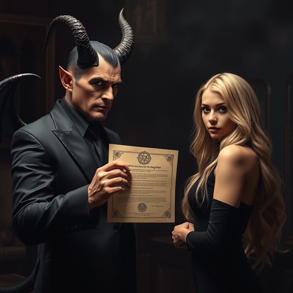 A hyper-realistic representation of a character resembling the Devil making a pact or contact with a blonde woman who is looking directly at the viewer