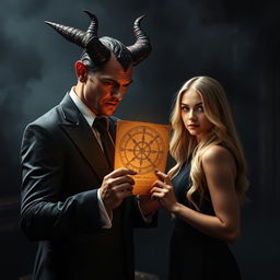 A hyper-realistic representation of a character resembling the Devil making a pact or contact with a blonde woman who is looking directly at the viewer