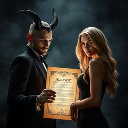 A hyper-realistic representation of a character resembling the Devil making a pact or contact with a blonde woman who is looking directly at the viewer