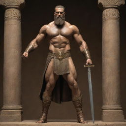 A full-length depiction of Gilgamesh from the Epic of Gilgamesh. He's extremely muscular and sports a thick beard, confidently holding a majestic sword. A palpable aura of history and age wraps around him.