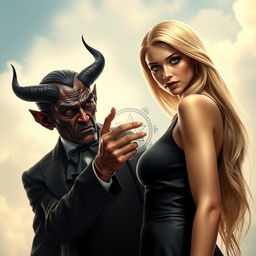 A hyper-realistic depiction of the Devil making a pact or contact with a blonde woman who is looking directly at the viewer