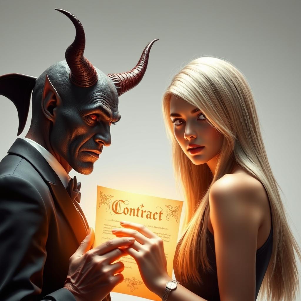 A hyper-realistic depiction of the Devil engaging in a pact with a blonde woman who is looking directly at the viewer