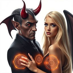 A hyper-realistic depiction of the Devil engaging in a pact with a blonde woman who is looking directly at the viewer