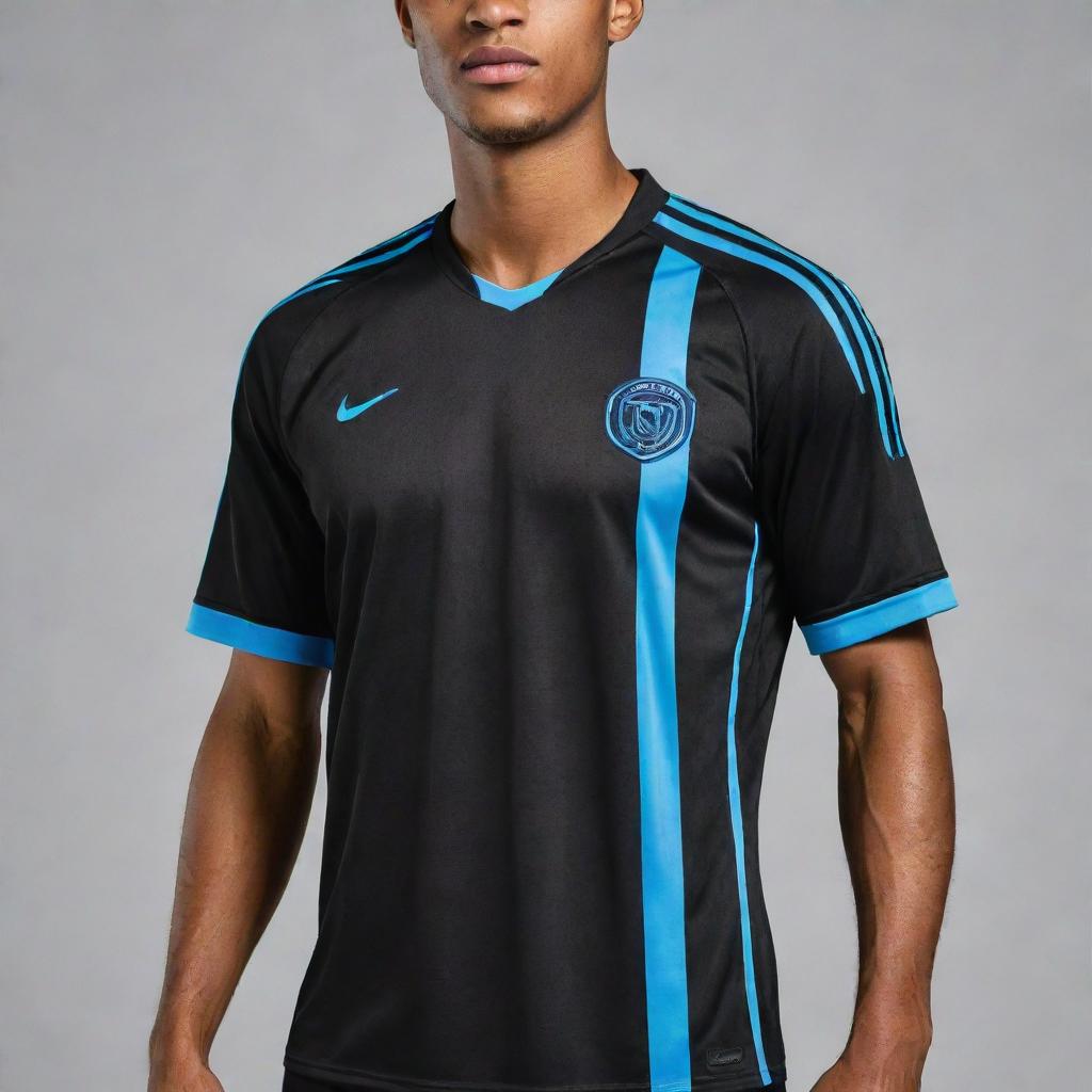 A black soccer jersey highlighted with light blue accents