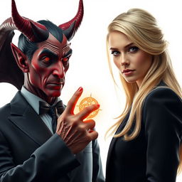 A hyper-realistic depiction of the Devil engaging in a pact with a blonde woman who is looking directly at the viewer