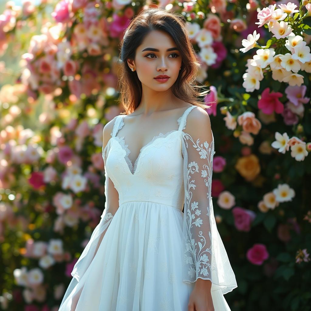 A beautiful woman wearing a flowing white dress, adorned with intricate floral patterns