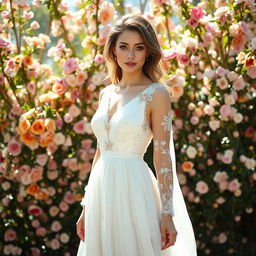 A beautiful woman wearing a flowing white dress, adorned with intricate floral patterns