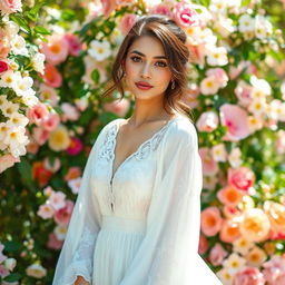 A beautiful woman wearing a flowing white dress, adorned with intricate floral patterns