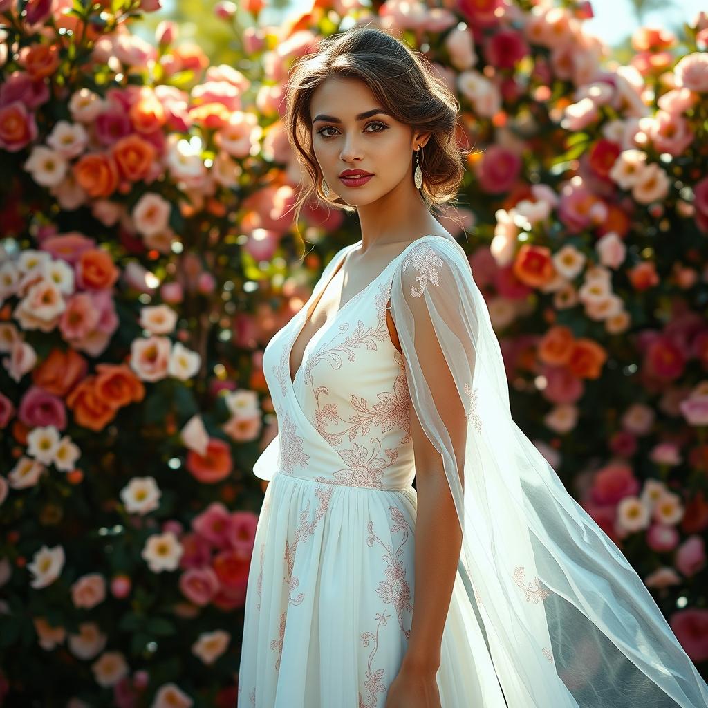 A beautiful woman wearing a flowing white dress, adorned with intricate floral patterns